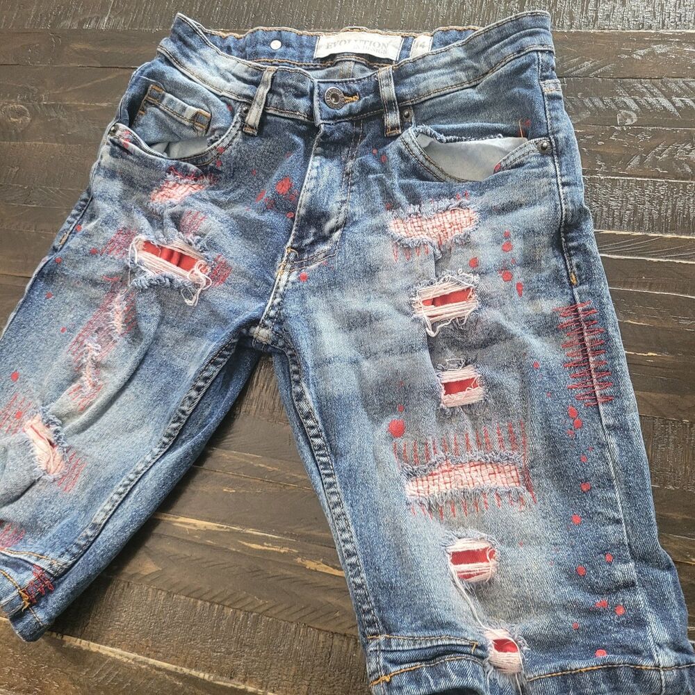 Evolution in Design Denim Shorts Youth Boys Size 14 Distressed Paint Splatter